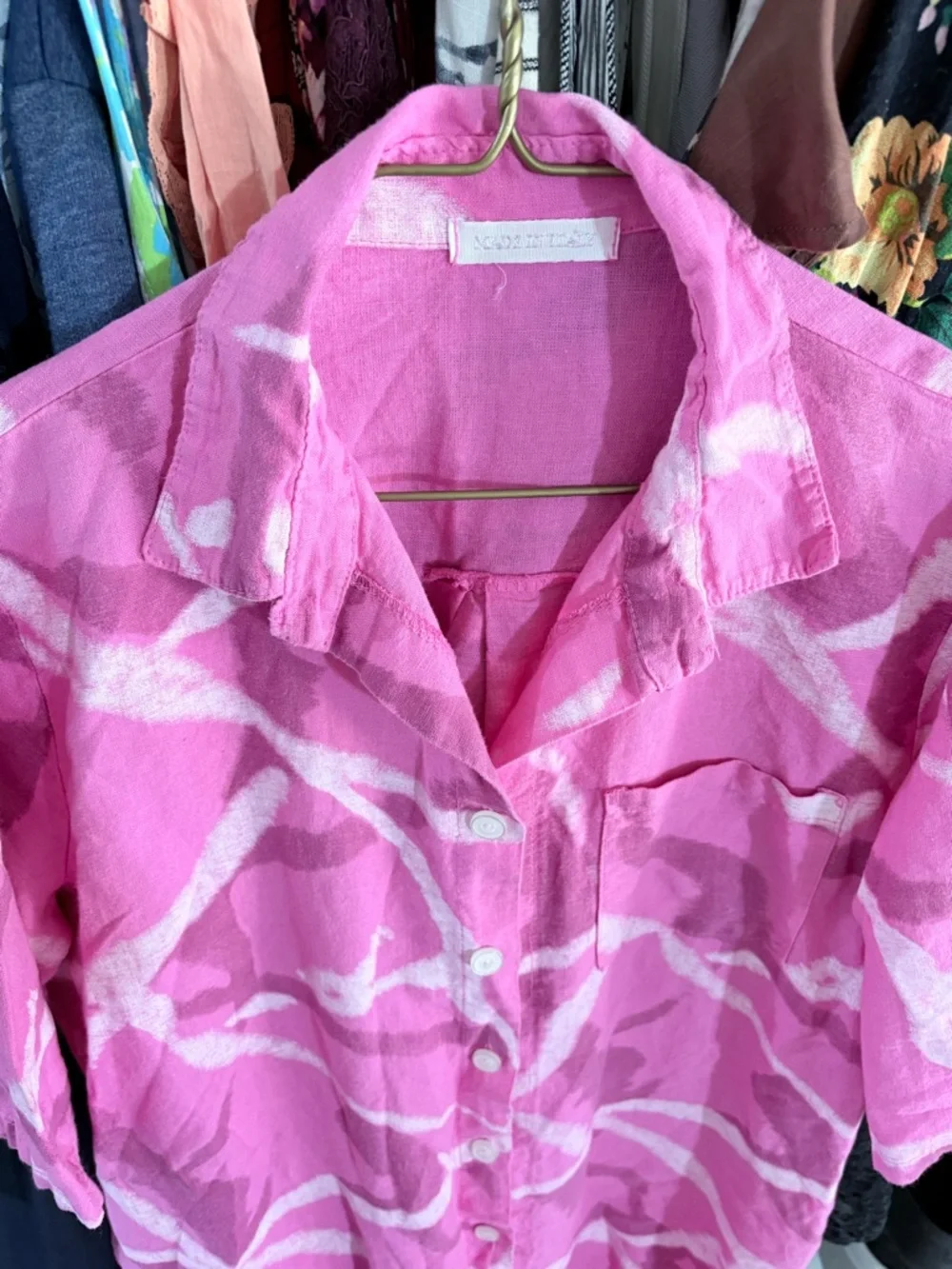 Bright Pink Linen Button-Up Shirt with Brand Label - Picture 6 of 11